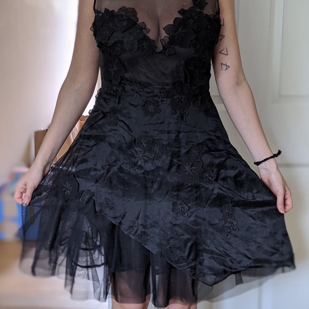 Layered flowered black cocktail dress